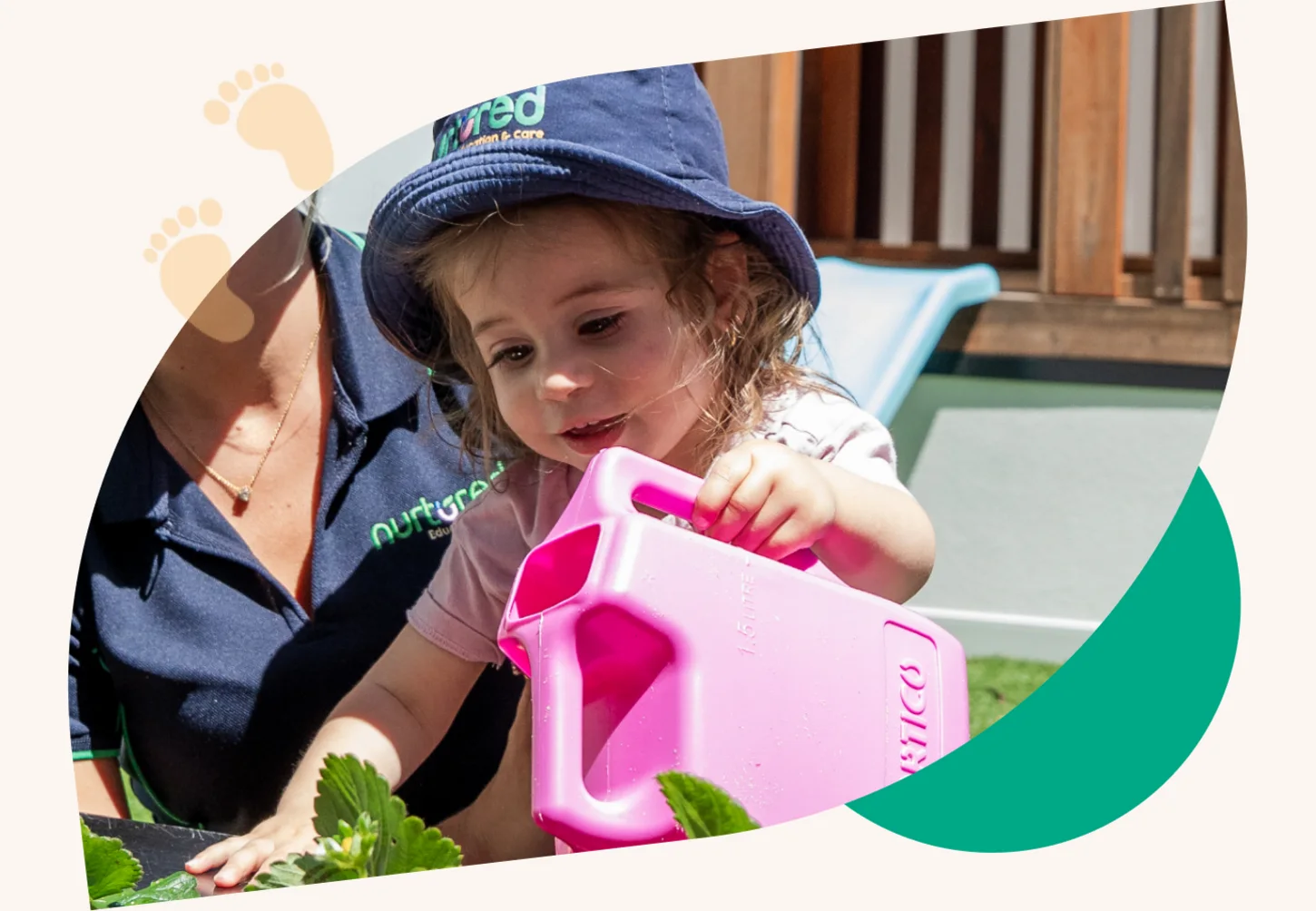 A Nurtured Education & Care educator with a child in the garden